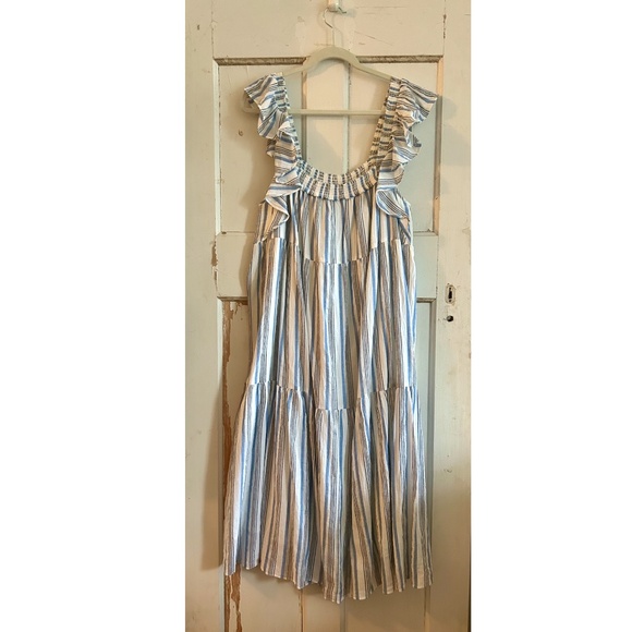 Apiece Apart Midi Dress 2 Ossetia Tiers Seaside Stripe Blue White A-Line - Picture 3 of 9